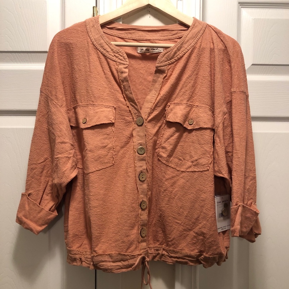Free People Peach Button-Front Short Sleeve Top